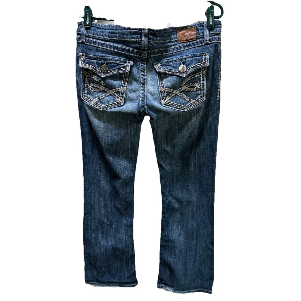 BKE  Stella Jeans Women 29x31 1/2 Blue Low Rise Bootcut Med Wash Heel Drag - Picture 4 of 9